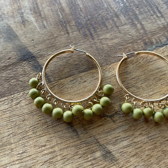 Gold Hoop Earrings with Green Detail - Picture 2 of 3